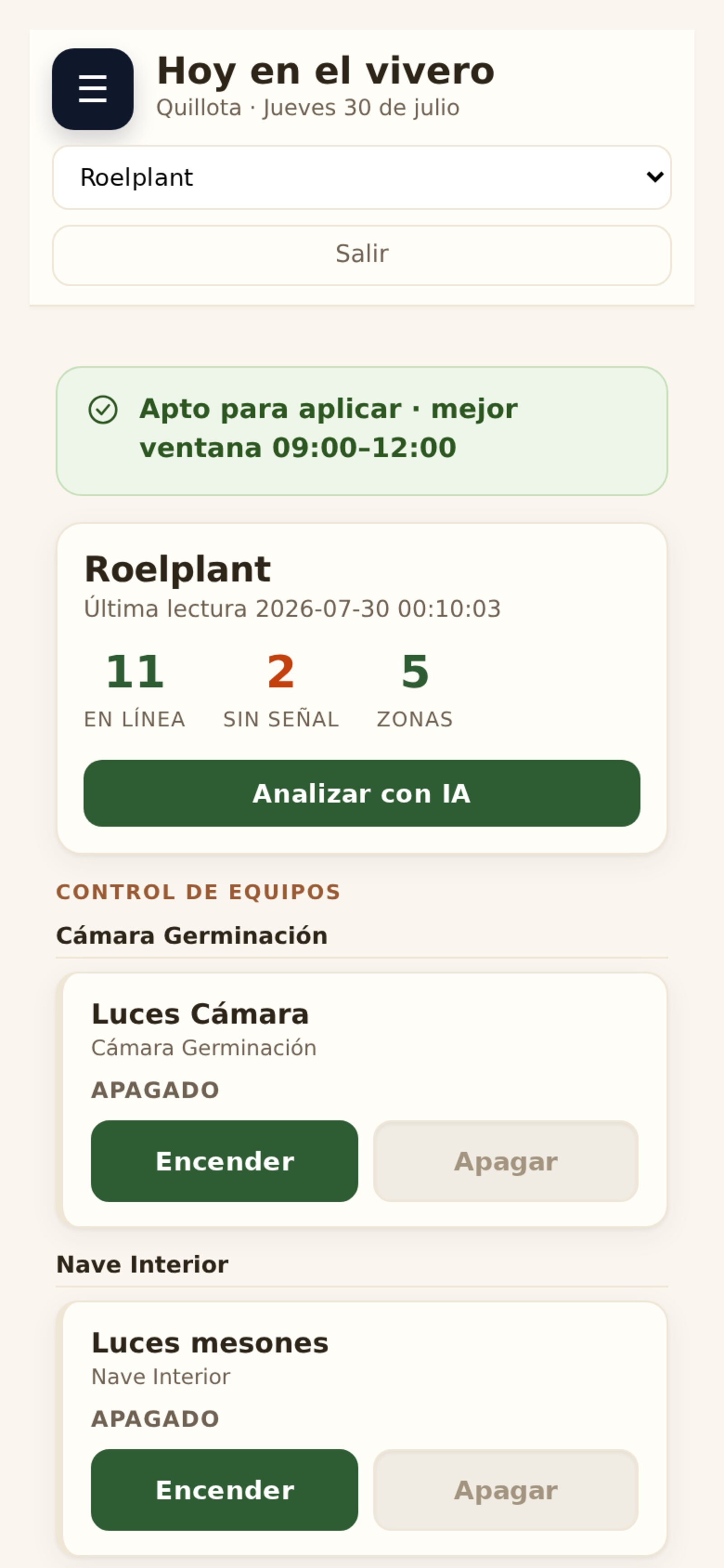 El mismo tablero en un teléfono, con los controles de encendido y apagado a la vista.